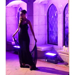 Vestido longo preto franjas e caí caí com transparência