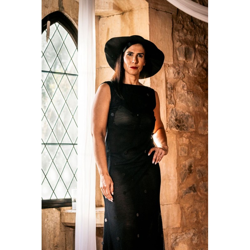 Vestido longo preto malha transparente