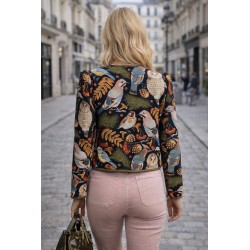 Jaqueta forrada de estofaria com corujas e laços