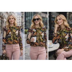 Jaqueta forrada de estofaria com corujas e laços